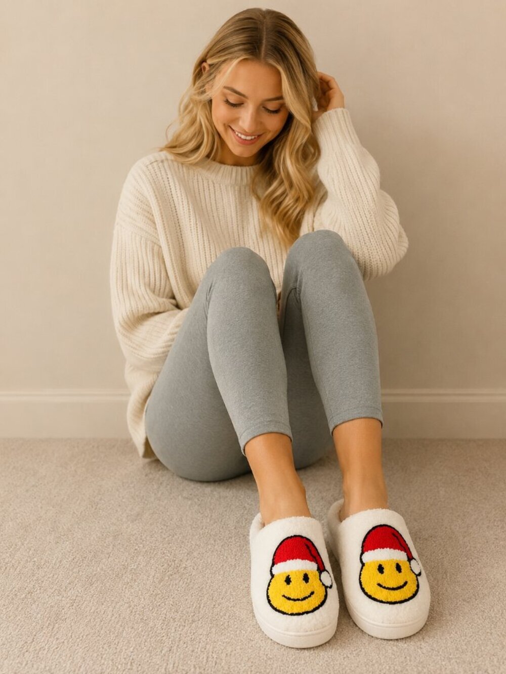 2/$30 NEW Christmas Happy Face Santa Hat Slippers